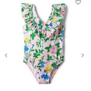 Janie And Jack Baby Girls Floral Ruffle Pink Swimsuit Size 6-12 Months